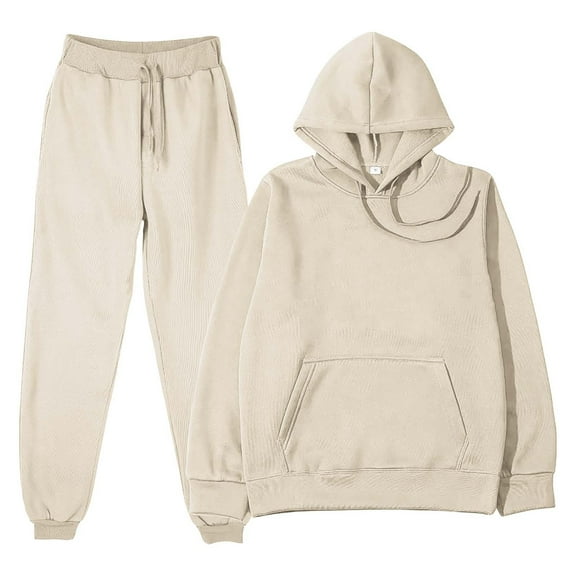 Baqcunre Women's Trousers Suit, Women's Solid Color Sweater Casual Set Sportswear Long Sleeve Long Pants Two Piece Set Beige L