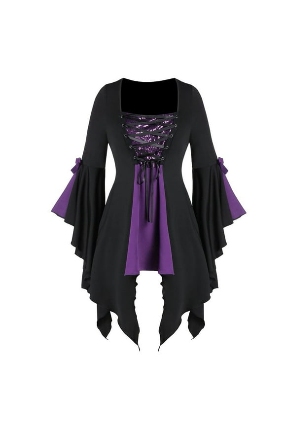 Women's Tunic Sleeve Plus Size Lace Gothic Blouse Tee Sequined Long Up Tops Y2K Tops Renaissance Costume Women Plus Size Tops for Women Womens Tops,Purple,Size 3XL