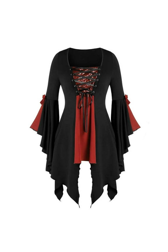 Women's Tunic Sleeve Plus Size Lace Gothic Blouse Tee Sequined Long Up Tops Y2K Tops Renaissance Costume Women Plus Size Tops for Women Womens Tops,Red,Size 3XL