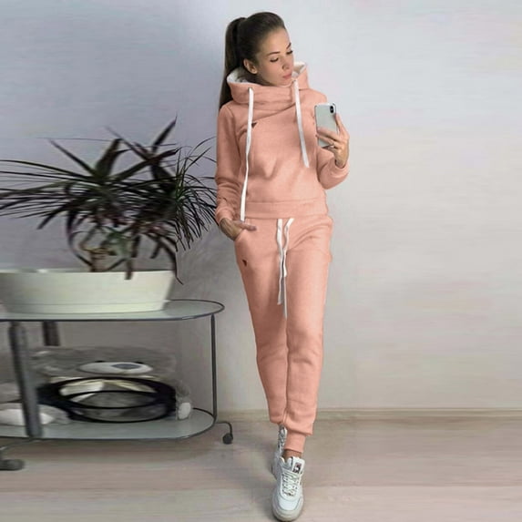 Baqcunre Women's Two-Piece Fleece Fashion Casual Sports Hoodie and Sweatpant Set,Color Pink,Size S-3XL