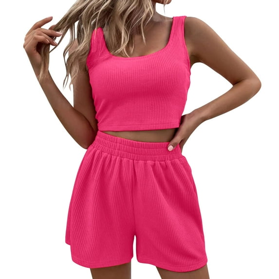 Baqcunre Women's Two Piece Knitted Sleeveless Matching Crop Top and High Waisted Shorts Sets,Color Pink,Size XS-L