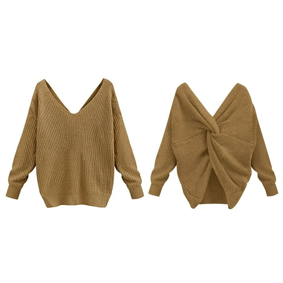 Baqcunre Women's Two-Wear V-Neck Knotted Cross-Back Sweater Long Sleeve Solid Top Womens Christmas Sweater Sweaters for Women Trendy Womens Tops Womens Sweaters Gold Xl