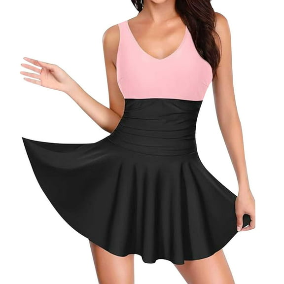 Baqcunre Women's V Neck One Piece Skirt Swimsuit Ruched Retro Swimdress Bathing Suit Pink M