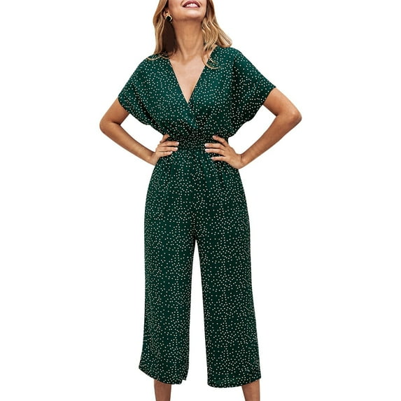 Baqcunre Women's V-Neck Pocket Elastic Waist Jumpsuit,Color Green,Size S-XL