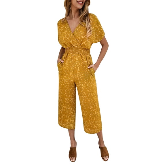 Baqcunre Women's V-Neck Pocket Elastic Waist Jumpsuit,Color Yellow,Size S-XL