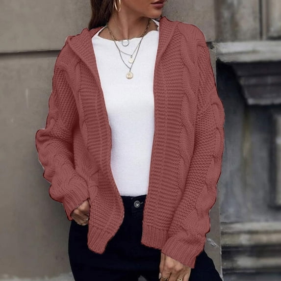 Baqcunre Women's V-Neck Solid Thick Needle Hooded Cotton Knited Long Sleeves Loose Cardigan Coats for Women Long Cardigan Jackets for Women Cardigan for Women,Hot Pink,S