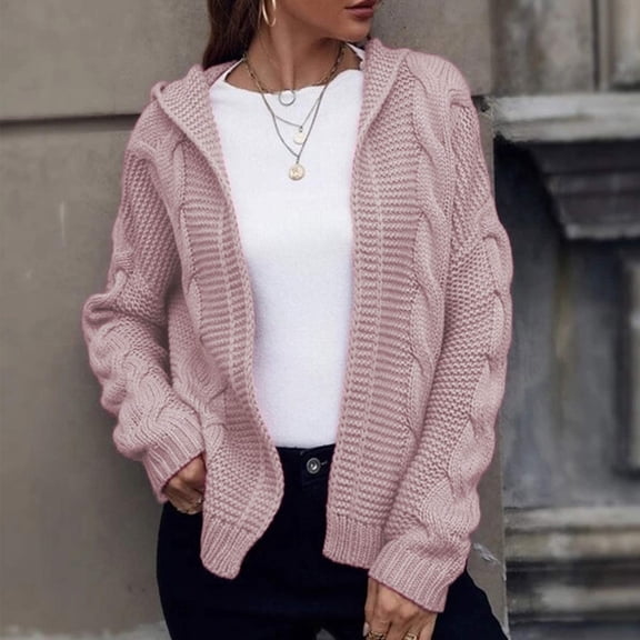 Baqcunre Women's V-Neck Solid Thick Needle Hooded Cotton Knited Long Sleeves Loose Cardigan Coats for Women Long Cardigan Jackets for Women Cardigan for Women,Pink,S