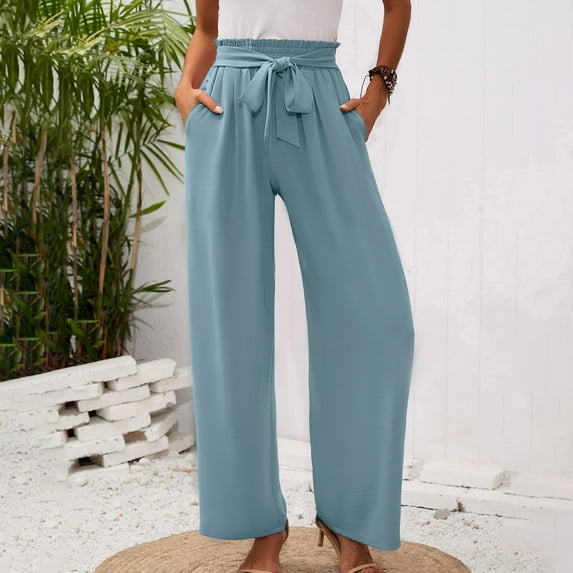 Baqcunre Women's Wide Leg Pants Lightweiht Adjustable Waist Bow Tie Loose Comfortable Trousers with Pocket,Size S,Wide Leg Pants Woman,Palazzo Pants for Women,Y2K Pants,Women's Pants,,Light blue