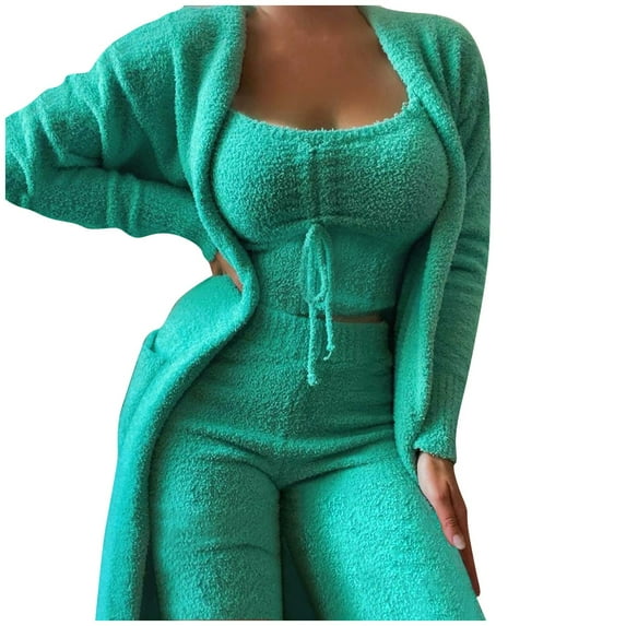 Baqcunre Women's Winter Plush Casual Sportswear Solid Long Sleeves 3 Piece Set,XL,Sweaters For Women,Outfits For Women,Workout Sets For Women,Womens Fashion,Womens Clothes,Green