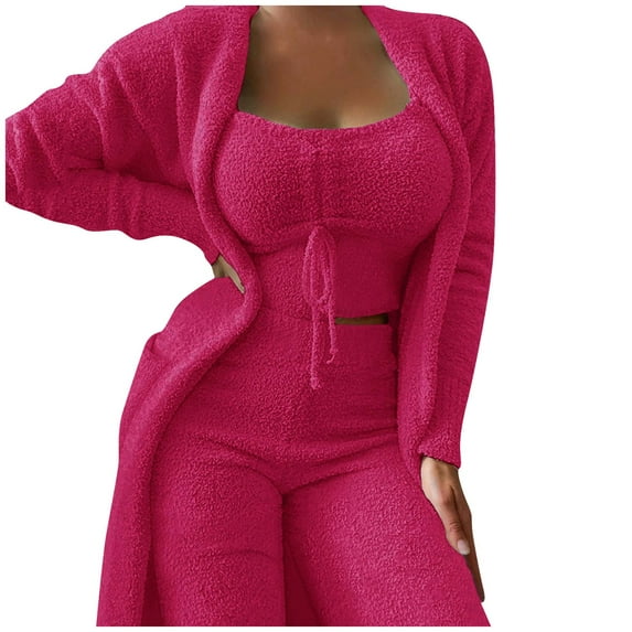 Baqcunre Women's Winter Plush Casual Sportswear Solid Long Sleeves 3 Piece Set,XXL,Sweaters For Women,Outfits For Women,Workout Sets For Women,Womens Fashion,Womens Clothes,Hot Pink