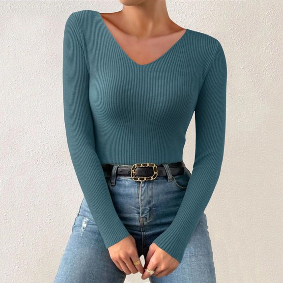Baqcunre Women's Women Autumn and Winter V Neck Casual Knitted Long Sleeved Pullover Thermal Top Women Clothing Thermal Shirts for Women Long Sleeve Shirts for Women Womens Tops,Color Dark Blue,