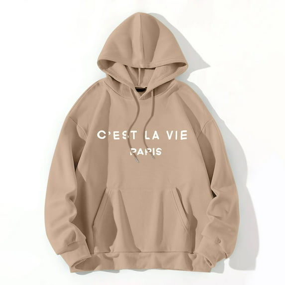 Baqcunre Women's Women's"C'Est La Vie Paris" Letter-Printed Hooded Pocket Hoodie with Drawstring Comfy Hoodie Womens Hoodies Graphic Hoodie Womens Sweatshirt Khaki Xl
