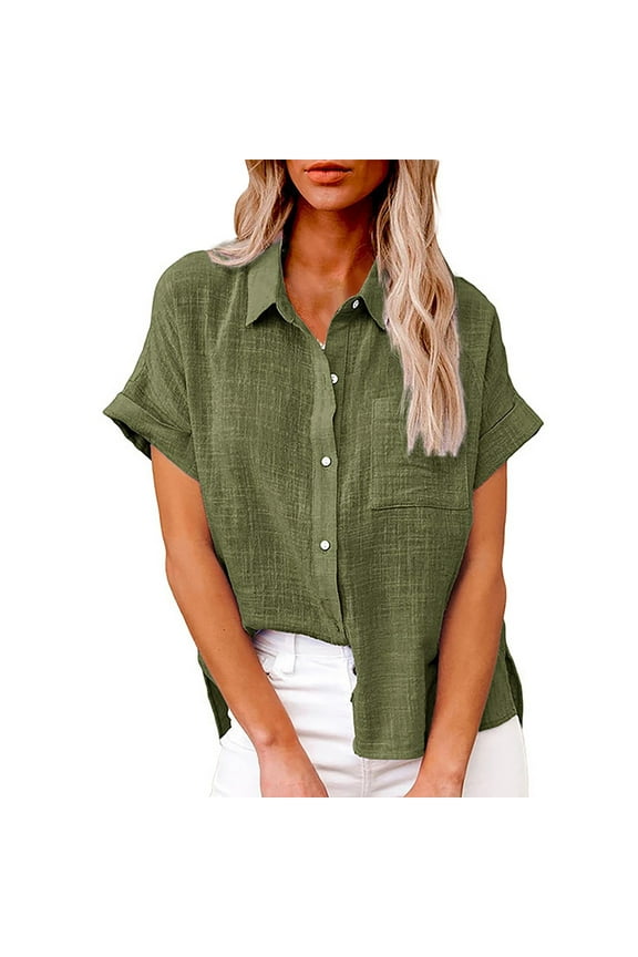 Womens Blouses Fashion Women'S Solid Linen Casual Loose Short Sleeve Button Shirt Women'S Tops Shirts For Women Army Green XL