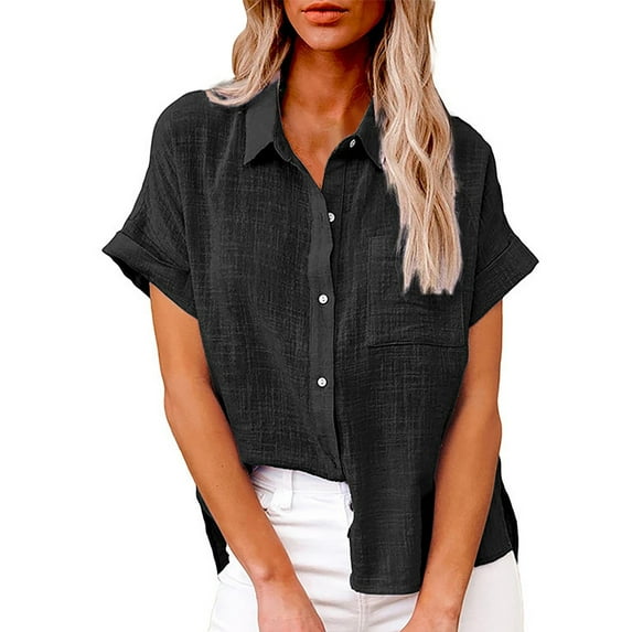 Baqcunre Womens Blouses Fashion Women'S Solid Linen Casual Loose Short Sleeve Button Shirt Women'S Tops Shirts For Women Black S