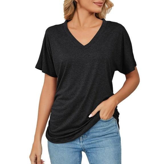 Baqcunre Womens Blouses Women'S Short Sleeve T Shirts Fashion V Neck Oversized Loose Tops Solid Casual Blouses Tops For Women 2023 T Shirts For Women Black L