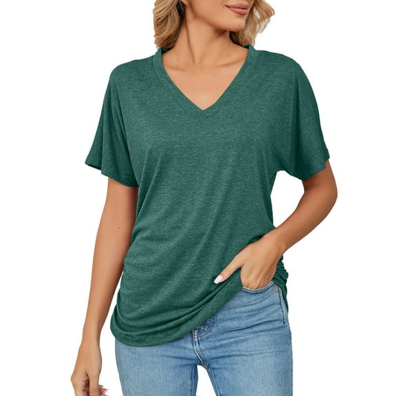 Baqcunre Womens Blouses Women'S Short Sleeve T Shirts Fashion V Neck Oversized Loose Tops Solid Casual Blouses Tops For Women 2023 T Shirts For Women Green XL