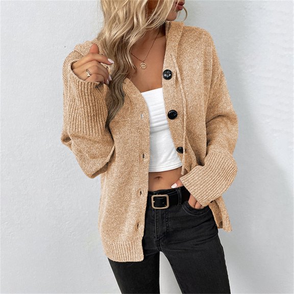 Baqcunre Womens Cardigan Women's Cardigan Sweater Hoodies Button Down Long Sleeve Oversized Knit Cardigans Fleece Jacket Fall Outfits Khaki S