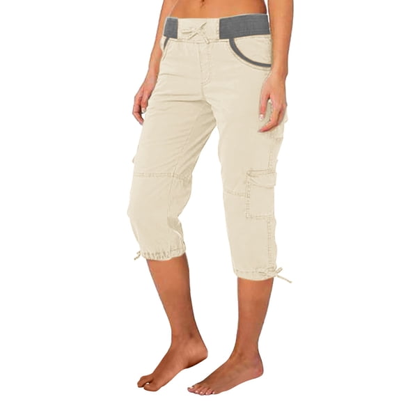 Baqcunre Womens Cargo Pants Women Multi Pocket Trousers Outdoor Casual Cropped Pants Overalls Thin Loose Cargo Shorts Womens Shorts Women'S Pants Beige L