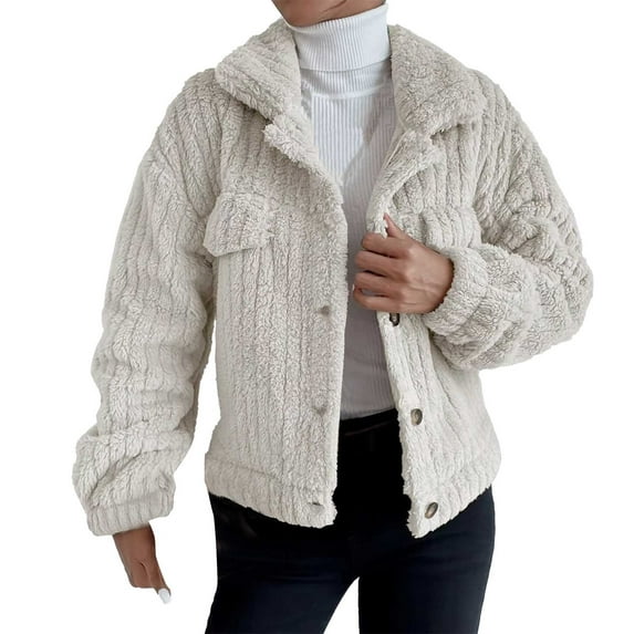 ❄ Baqcunre Womens Coats, Women's Long Sleeve Sweatershirt Pullover Warm Plush Coat Top Snow Coat Jacket Outwear No Pocket with Button, Womens Jackets Winter 1PC Coat Beige L