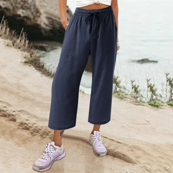 Baqcunre Womens Cotton Loose Cropped Pants Comfy Work Pants with Pockets Elastic High Waist Paper Bag Drawstring Pants,Size S,Womens Sweatpants,Pants for Women,Womens Fashion,Women's Pants,,Navy