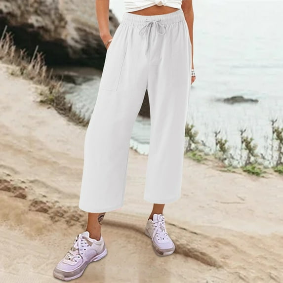 Baqcunre Womens Cotton Loose Cropped Pants Comfy Work Pants with Pockets Elastic High Waist Paper Bag Drawstring Pants,Size S,Womens Sweatpants,Pants for Women,Womens Fashion,Women's Pants,,White
