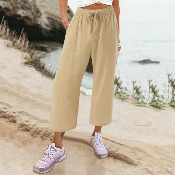 Baqcunre Womens Cotton Loose Cropped Pants Comfy Work Pants with Pockets Elastic High Waist Paper Bag Drawstring Pants,Size XL,Womens Sweatpants,Pants for Women,Womens Fashion,Women's Pants,,Khaki