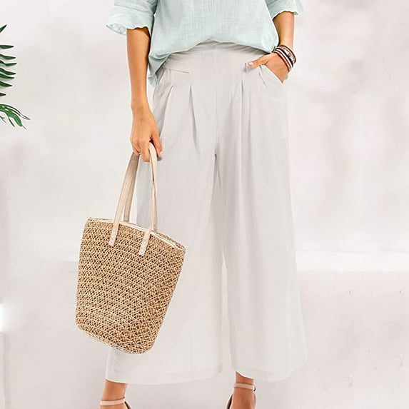 Baqcunre Womens Culottes Cotton Wide Leg Palazzo Pants Elastic Waist Capri Trousers With Pockets,L,Women'S Pants,Wide Leg Pants Woman,Pants For Women,Womens Fashion,Womens Clothes,Beige