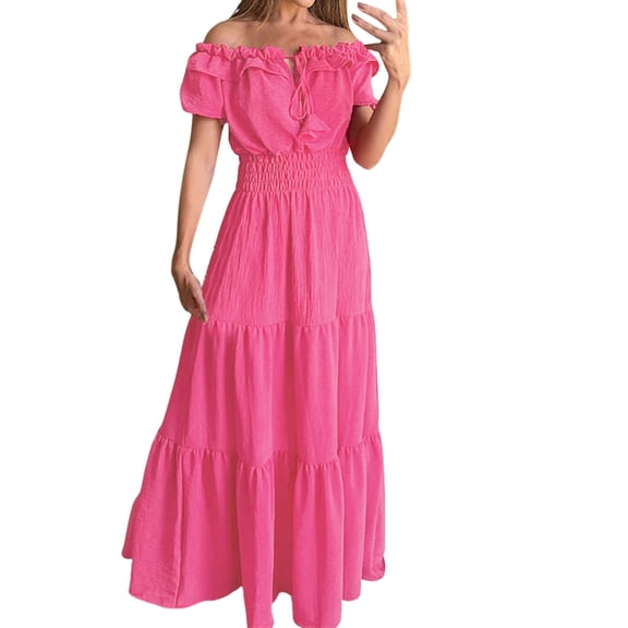 Baqcunre Womens Dresses 2023 New Spring New Solid Elastic Neckline Off Shoulder Slender Dress Women'S Casual Dresses Midi Dress Hot Pink Dress XL