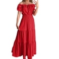 thumbnail image 1 of Baqcunre Womens Dresses 2023 New Spring New Solid Elastic Neckline Off Shoulder Slender Dress Women'S Casual Dresses Midi Dress Red Dress M, 1 of 6