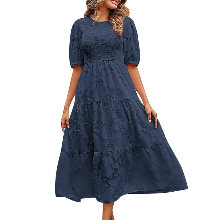 Baqcunre Womens Dresses 2023 Summer Women'S Round Neck Pleated Puff Sleeve  Layered Floral Dress Women'S Casual Dresses Midi Dress Navy Dress S -  Walmart.com