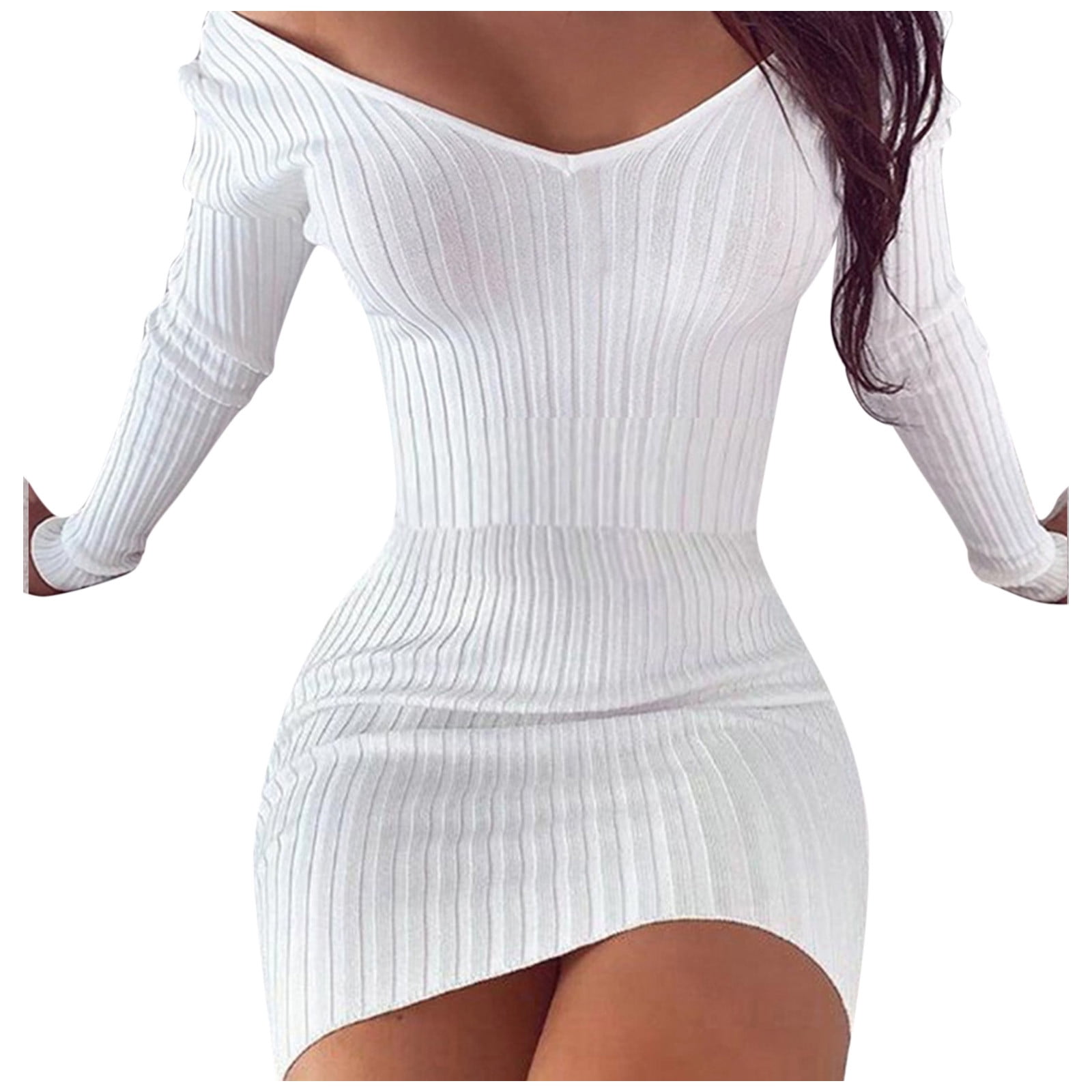 Baqcunre Womens Dresses Autumn And Winter Women's V Neck Long Sleeves Slim Thin Hip Dress Warm Sweater(White Size S- XL),Sexy Dress Holiday Dresses For Women Long Sleeve Dress For Women Mini Dress