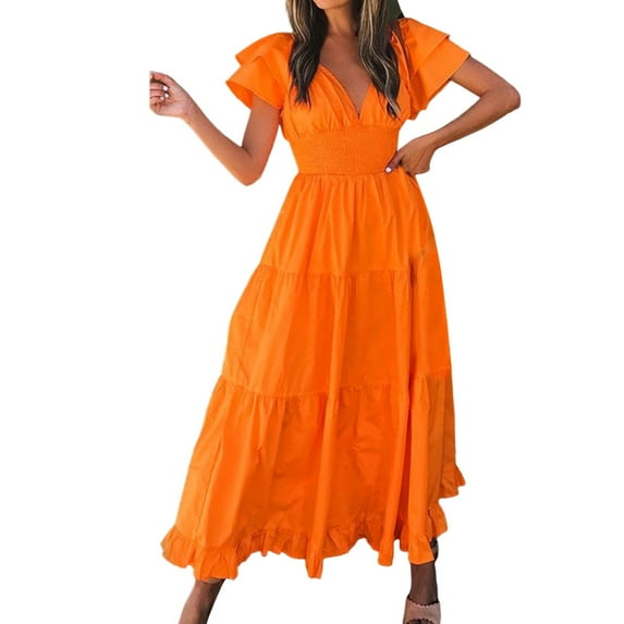 Baqcunre Womens Dresses New V Neck Summer Fashion Ruffle Short Sleeve Large Swing Mid Length Dress Summer Dresses 2023 Midi Dresses For Women Orange Dress L