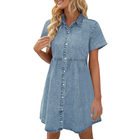 Baqcunre Womens Dresses Short Sleeve Button Down Flowy Tiered Denim Dress(Blue Size S-XXL),Denim Dress Maxi Dress For Women Casual Dresses For Women Winter Dresses For Women 2024