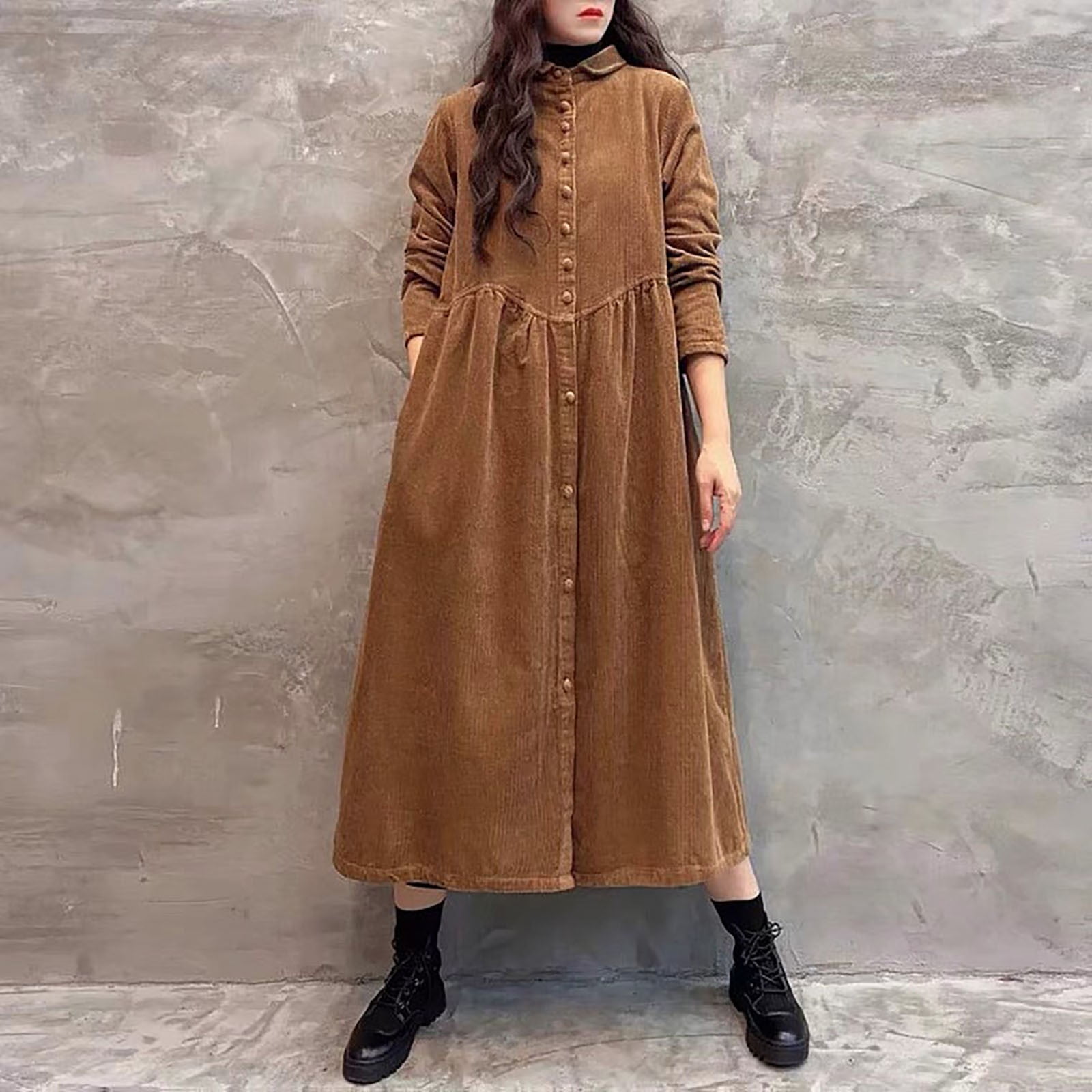 Baqcunre Womens Dresses Simple Coats Solid Long Sleeve Corduroy Inspiration Thick Wrinkled Plus Size Coats Brown M XXL Elegant Dresses For Women Maxi Dress For Women Holiday Dress Party Dress Walmart....