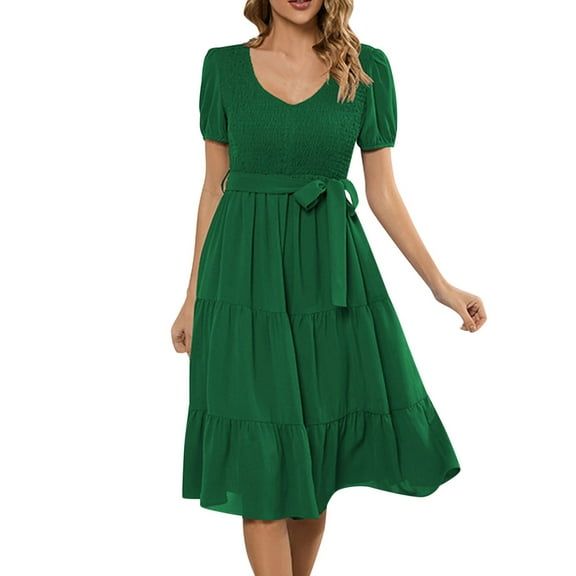 Baqcunre Womens Dresses Women'S 2023 Summer Casual Flutter Short Sleeve V Neck Smocked Elastic Waist Tiered Midi Dress Women'S Casual Dresses Midi Dress Green Dress XL