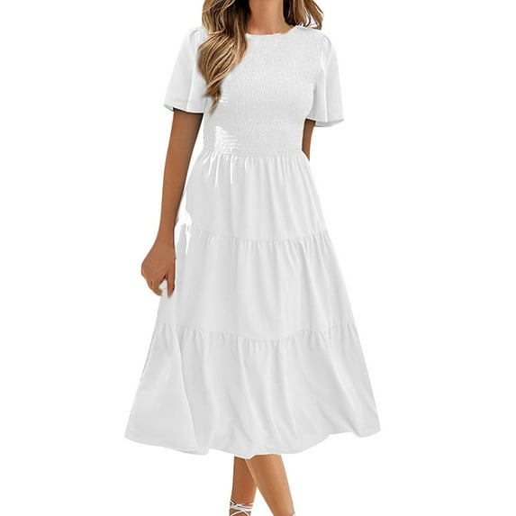 Baqcunre Womens Dresses Women'S 2023 Summer Casual Flutter Short Sleeve V Neck Smocked Elastic Waist Tiered Midi Dress Summer Dresses 2023 Prom Dress White Dress XXL