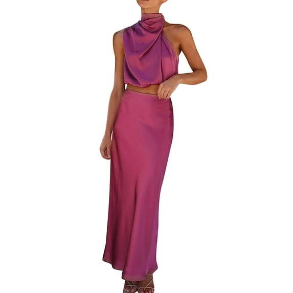 Baqcunre Womens Dresses,Women's Long Formal Satin Dress Mock Neck Sleeveless Side Slit Flowy Maxi Tank Two Pieces Top and Skirt Formal Dress,Dresses for Women 2023 New Years Eve Dress Hot Pink XL