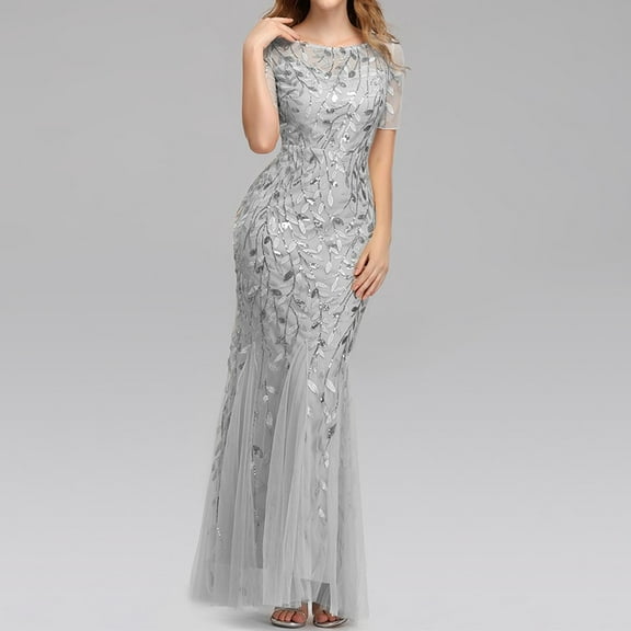 Baqcunre Womens Dresses,Womens Double V Neck Short Sleeve Mermaid Dress Evening Prom Dress Formal Dress,Sequin Dress for Women Sexy Dress Womens Clothes Silver Dresses Size S