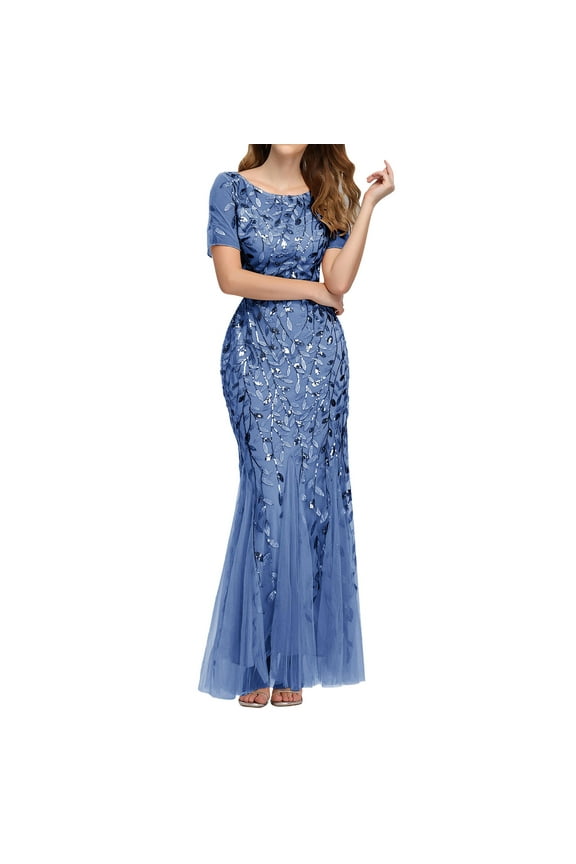Womens Dresses,Womens Double V Neck Short Sleeve Mermaid Dress Evening Prom Dress Formal Dress,Sequin Dress for Women Sexy Dress Womens Clothes Blue Dresses Size L