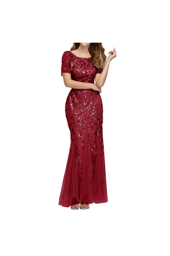 Womens Dresses,Womens Double V Neck Short Sleeve Mermaid Dress Evening Prom Dress Formal Dress,Sequin Dress for Women Sexy Dress Womens Clothes Red Dresses Size L