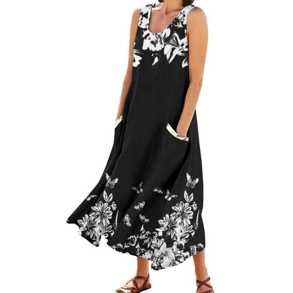 Baqcunre Womens Dresses,Womens Elegant Printed Round Neck Pockets Casual Long Dress Daily Tank Dress Holiday Dresses for Women,Long Dresses for Women Casual Dresses for Women White XXL