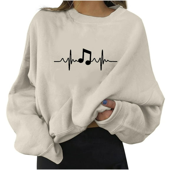 Baqcunre Womens Hoodies Womens Casual Long Sleeve Round Neck Sweatshirts Heartbeat Prints Loose Top Crewneck Sweatshirts Fall Outfits Women Trendy Beige L