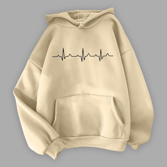 Baqcunre Womens Hoodies Women's Heartbeat Pattern Printed Hoodie Hoodie Drawstring Loose Comfortable Top Womens Sweatshirts Womens Fall Tops Beige M