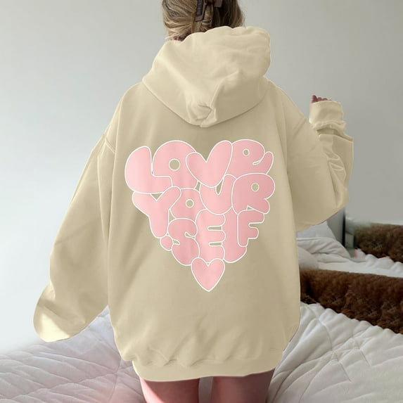 Baqcunre Womens Hoodies Women's Long Sleeved Zipperless Back Love Your Self Printed Hoodie Fleece Jacket Fall Outfits Women Trendy Beige L