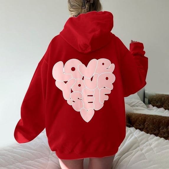 Baqcunre Womens Hoodies Women's Long Sleeved Zipperless Back Love Your Self Printed Hoodie Fleece Jacket Fall Outfits Women Trendy Red L