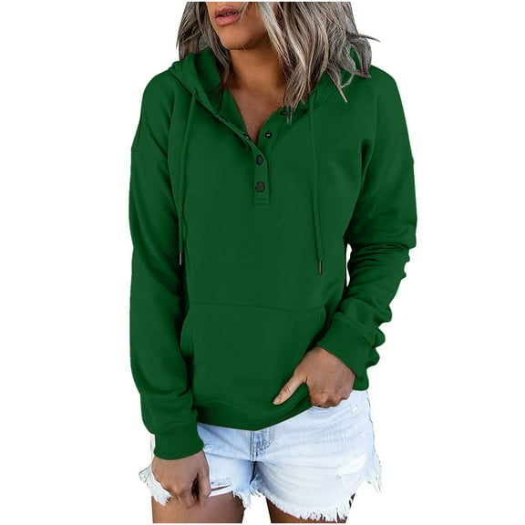 Baqcunre Womens Hoodies Women's Solid Color Fashion Casual Button Drawstring Pocket Long Sleeve Hooded Sweatshirt Womens Sweatshirts Womens Fall Tops Green L