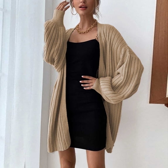 Baqcunre Womens Jacket Woman Autumn And Winter Solid Color Fashion Knitted Sripe Casual Coat Batwing Sleeve Lohas Time Long Cardigan Womens Coats Womens Fall Fashion 2023 Khaki L