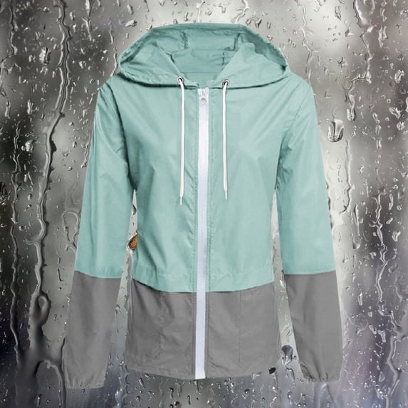 Baqcunre Womens Jacket Women's Autumn And Winter Patchwork Color Hooded Long Sleeved Drawstring Pocket Casual Raincoat Womens Coats Fall Outfits Blue 1 L