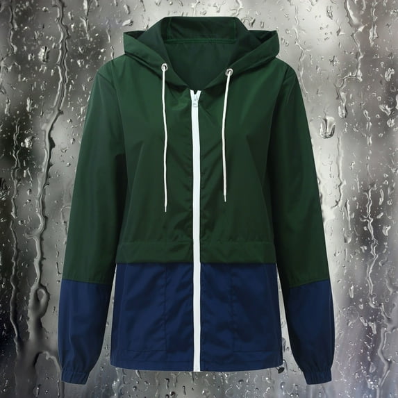 Baqcunre Womens Jacket Women's Autumn And Winter Patchwork Color Hooded Long Sleeved Drawstring Pocket Casual Raincoat Womens Coats Fall Outfits Green S