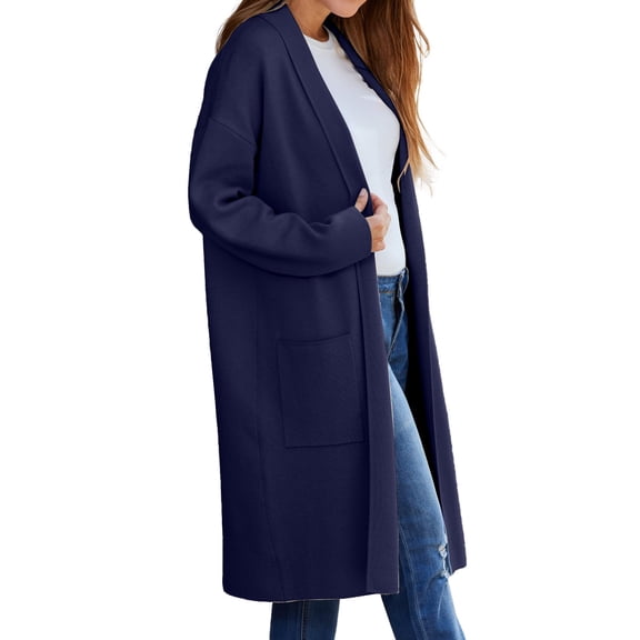 Baqcunre Womens Jacket Women's Autumn And Winter Solid Color Fashionable Thin Lapel Long Woolen Coat Casual Cardigan Womens Coats Fall Outfits Navy XXL